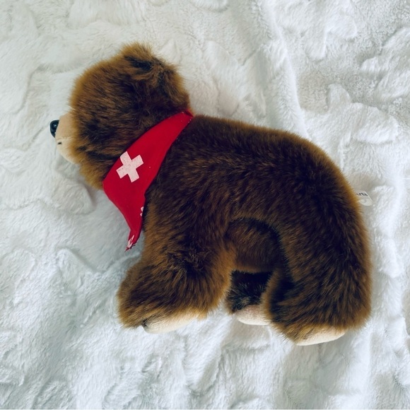6" Realistic Chestnut Brown Bear Cub with Red Swiss Scarf Bandana - Picture 9 of 11